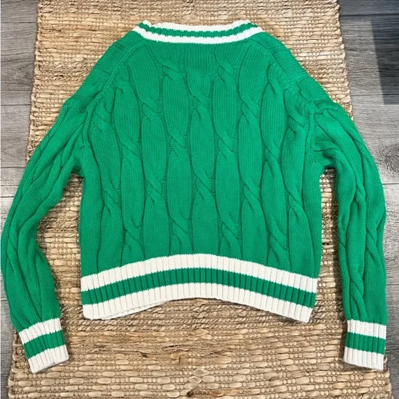 🍂🍁 Fall NWT Aerie Cropped Green Cable V-Neck Sweater Sz Large - Picture 8 of 8